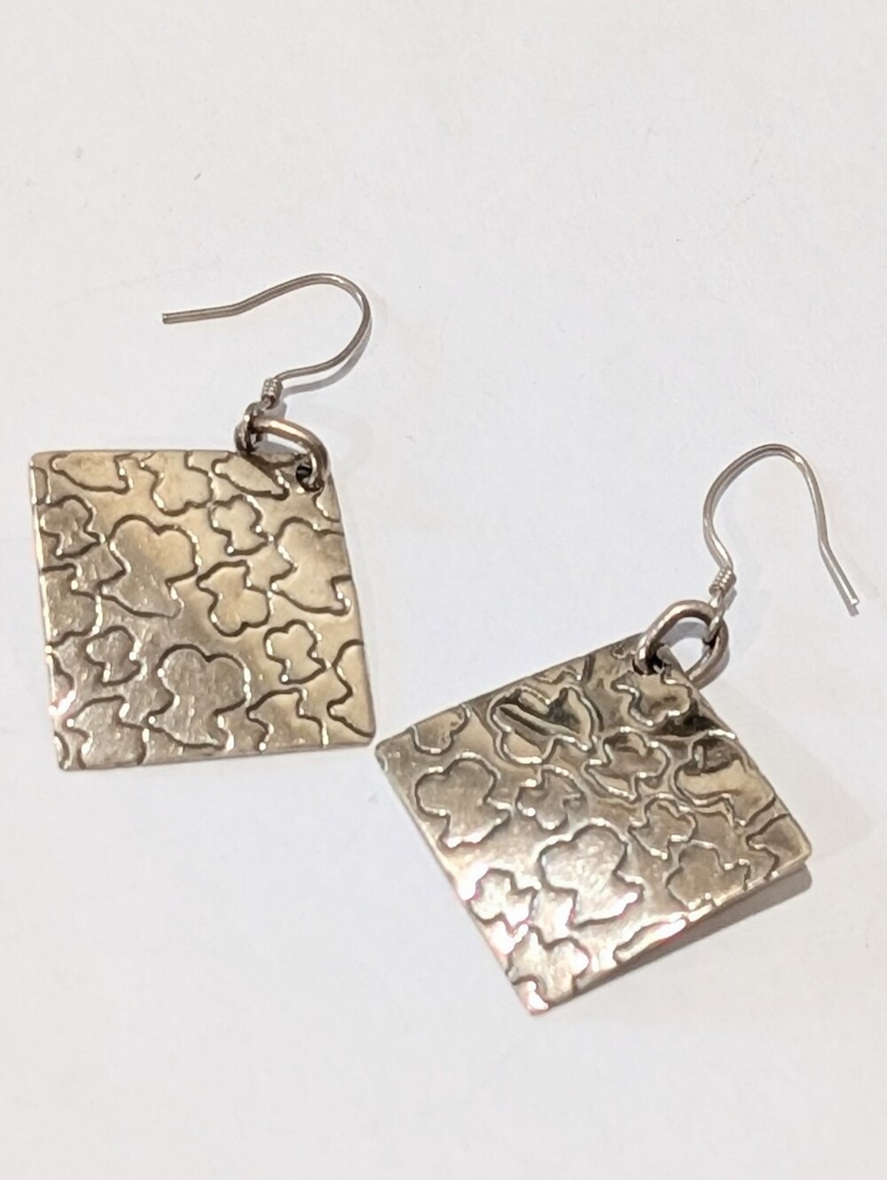 Pair Of Sterling Silver 20mm Wide Embossed Square 2" Long Dangle Drop Earrings